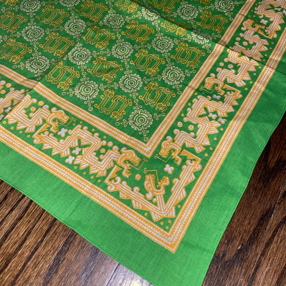 Rare Vintage Aztec Geometric Monogram Grid Linen Scarf Bandana Lime Green Yellow